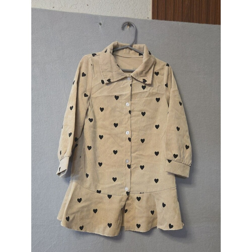 Girls' Beige Heart Print Casual Dress
